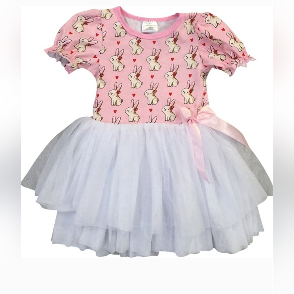Short Sleeve Girls Bunny Rabbit Easter Tulle Dress  Girls Size 6